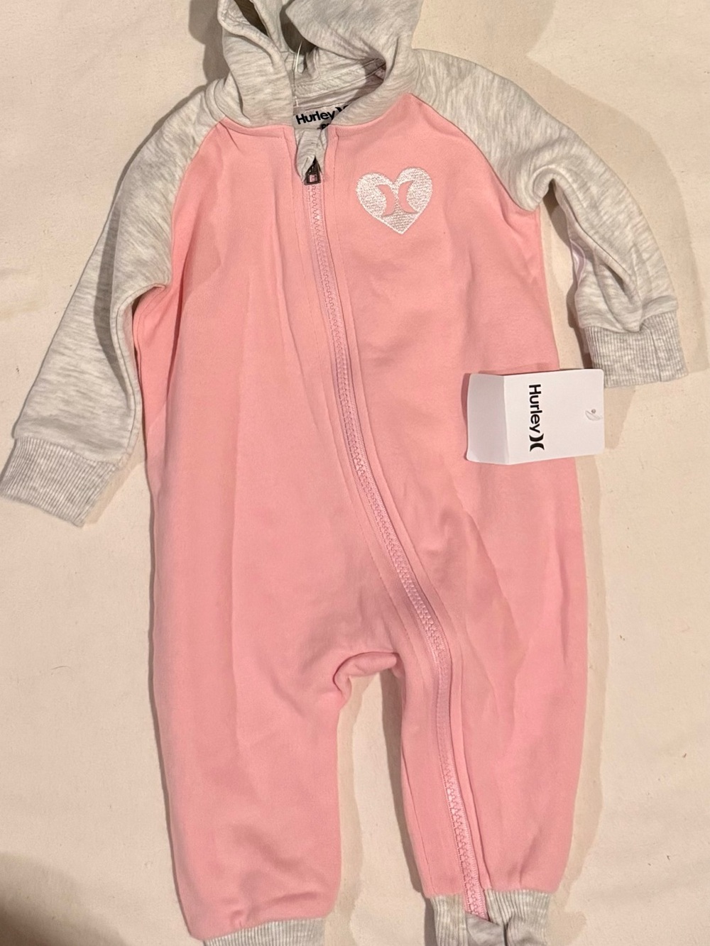 Hurley Pink and Heather Gray Hooded Baby One-Piece Romper